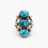 Vtg Navajo Three Gem Quality Turquoise Row Ring  c.1940～