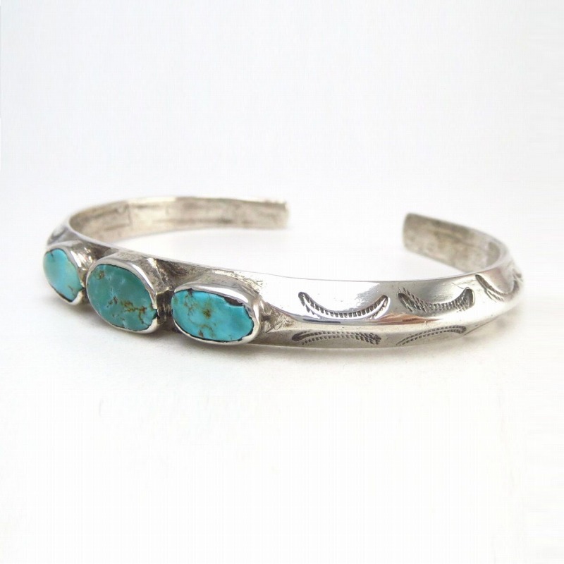 Atq Navajo Stamped Triangle Wire Cuff w/3 Turquoise c.1915～