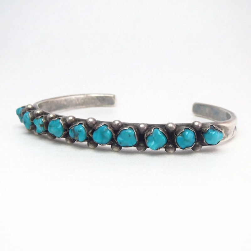 Vtg Zuni Carved Turquoise Row Narrow Cuff Bracelet  c.1950