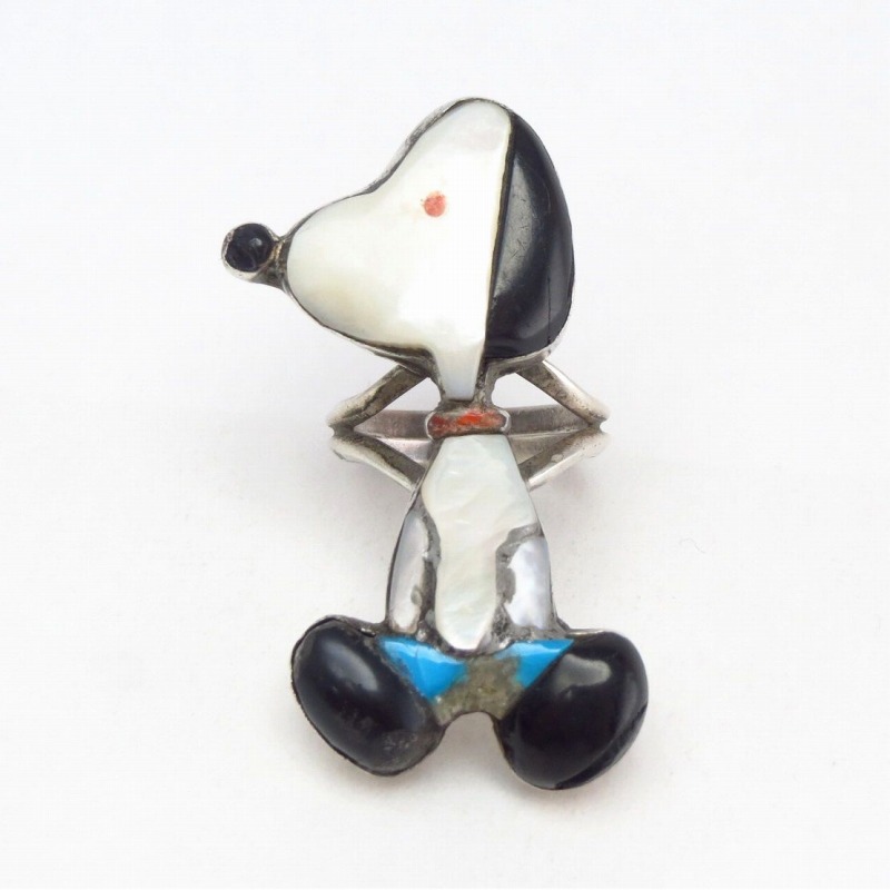 Vintage Zuni Multi-Stone Inlay Big『Snoopy』Silver Ring c.1970