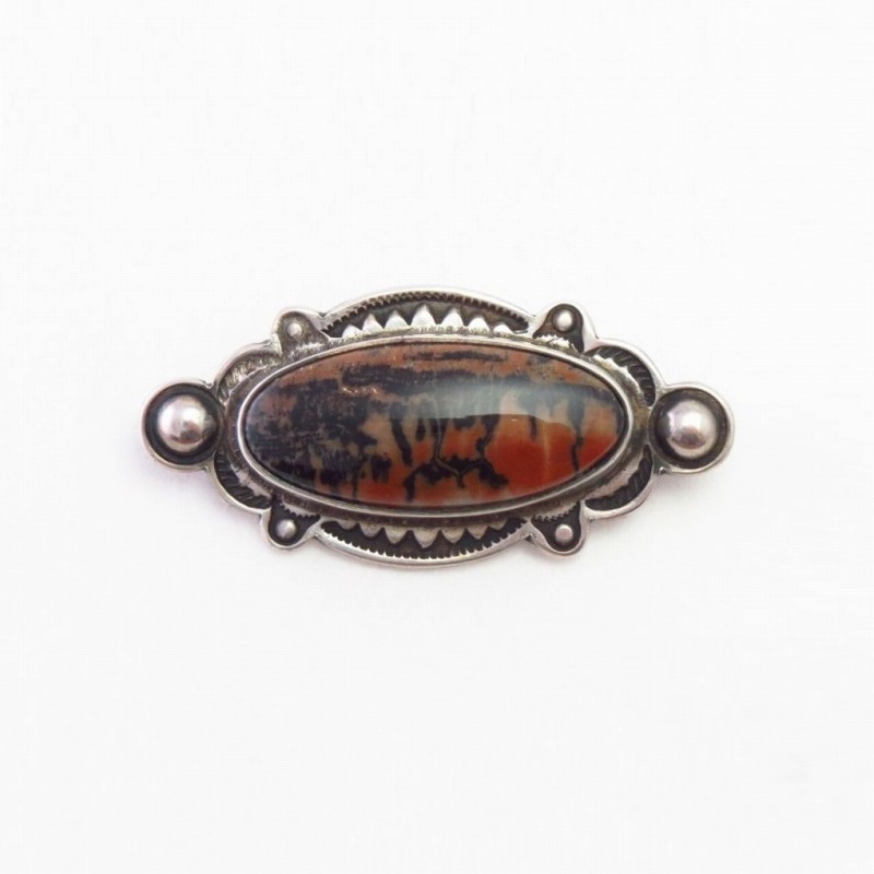 【Luke Billy Yazzie】Stamped Silver Pin w/PetrifiedWood c.1950