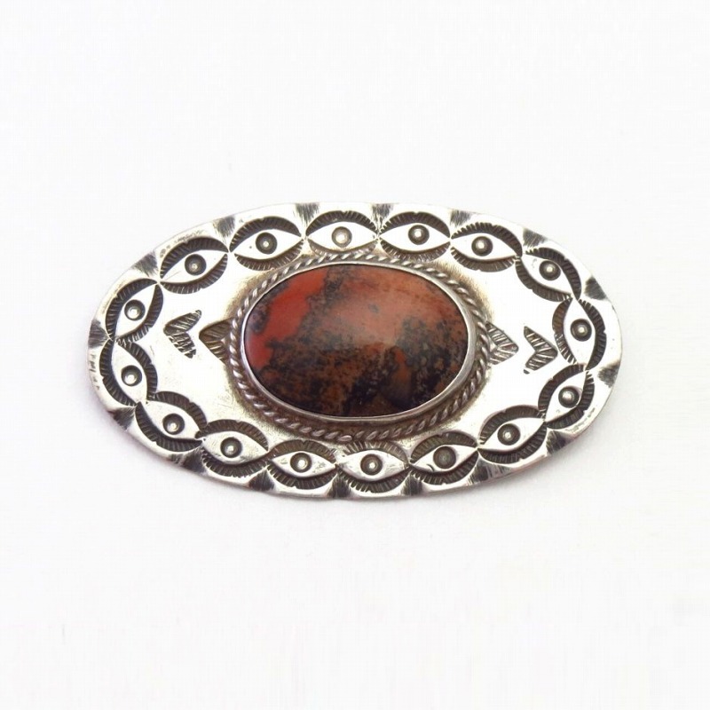 Vtg Navajo Filed & Stamped Slv Pin w/PetrifiedWood  in 1949