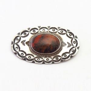 Vtg Navajo Filed & Stamped Slv Pin w/PetrifiedWood  in 1949
