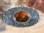 Vtg Navajo Filed & Stamped Slv Pin w/PetrifiedWood  in 1949