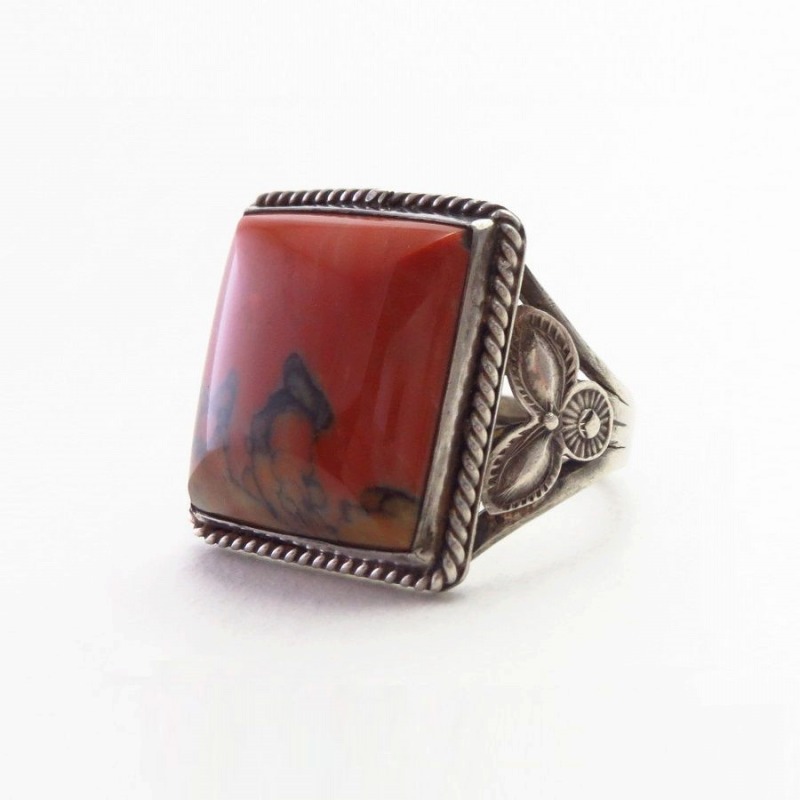 Vtg Navajo Stamped Slv Men's Ring w/Sq. PetrifiedWood c.1945