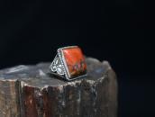 Vtg Navajo Stamped Slv Men's Ring w/Sq. PetrifiedWood c.1945