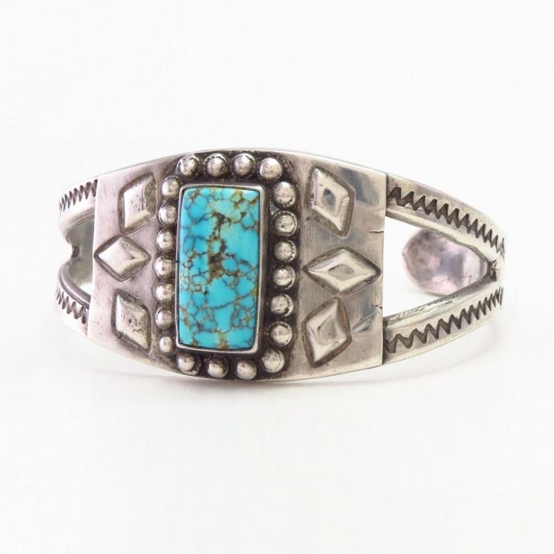 Vtg Navajo Repoused & Stamped Cuff w/Gem Turquoise  c.1945～