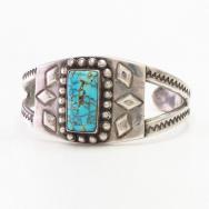 Vtg Navajo Repoused & Stamped Cuff w/Gem Turquoise  c.1945～