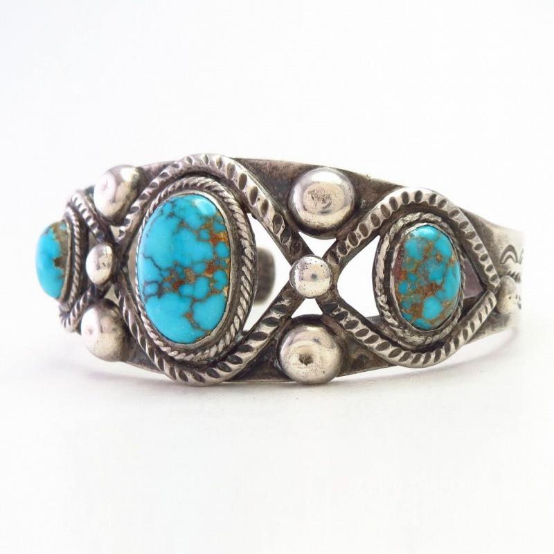 【U.S.NAVAJO 2】Stamped Ingot Slv Cuff w/Gem Turquoise c.1938～