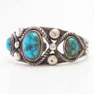 【U.S.NAVAJO 2】Stamped Ingot Slv Cuff w/Gem Turquoise c.1938～