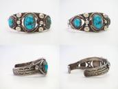 【U.S.NAVAJO 2】Stamped Ingot Slv Cuff w/Gem Turquoise c.1938～