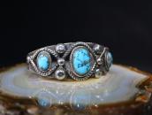 【U.S.NAVAJO 2】Stamped Ingot Slv Cuff w/Gem Turquoise c.1938～