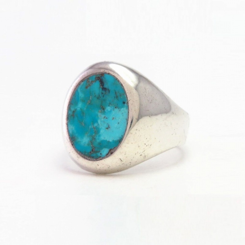 Vintage Navajo Turquoise Inlay Cast Silver Seal Ring c.1965～