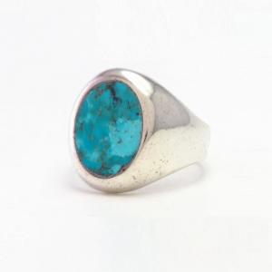 Vintage Navajo Turquoise Inlay Cast Silver Seal Ring c.1965～