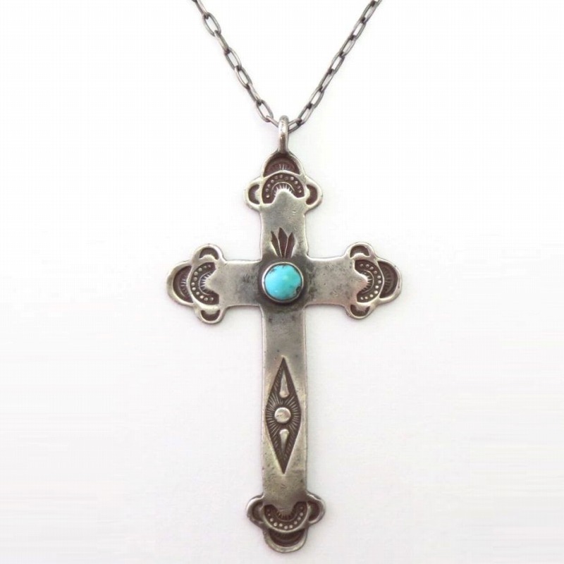 Antique Navajo Deep Stamped Silver Cross Fob Necklace c.1925