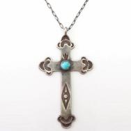 Antique Navajo Deep Stamped Silver Cross Fob Necklace c.1925