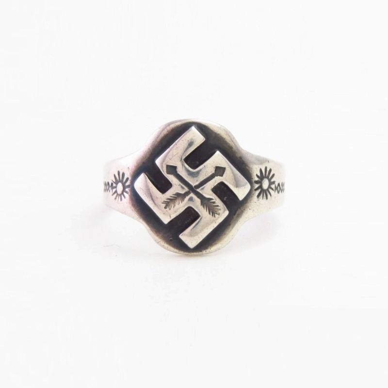 Atq Navajo Crossed Arrows Stamped 卍 Applique Slv Ring c.1930