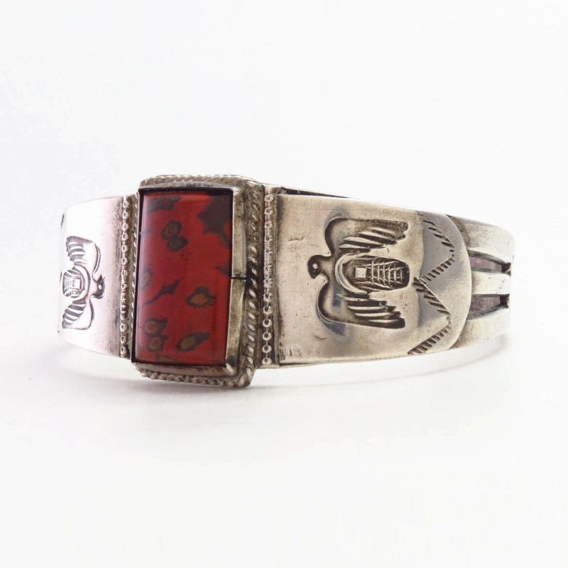 Atq Navajo T-bird Stamped Ingot Slv Cuff w/Red Jasper c.1940