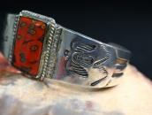 Atq Navajo T-bird Stamped Ingot Slv Cuff w/Red Jasper c.1940