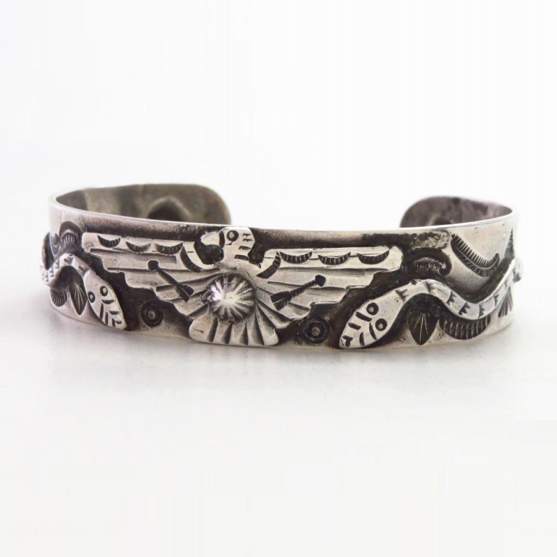 Atq T-bird & Snake Applique 卍 Stamped CoinSilver Cuff c.1925