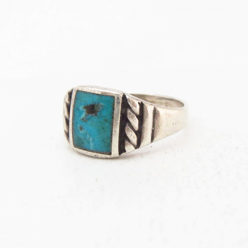 Vtg Navajo or Pueblo Sq. Turquoise Inlay Silver Ring c.1960～