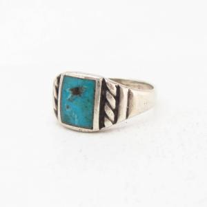 Vtg Navajo or Pueblo Sq. Turquoise Inlay Silver Ring c.1960～