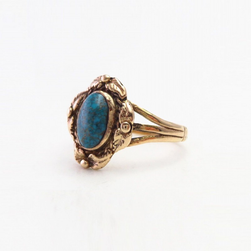 Old Navajo 14K Gold Ring w/Gem Lone Mt. Turquoise  c.1970～