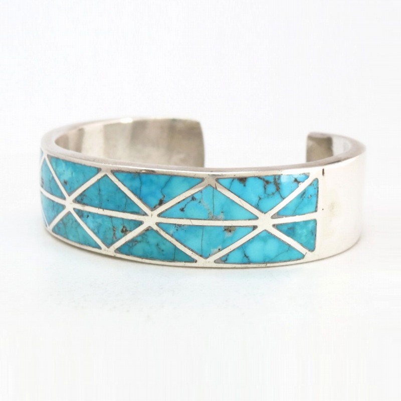 Vtg Zuni Morenci Turquoise Inlay Silver Cuff Bracelet c.1960