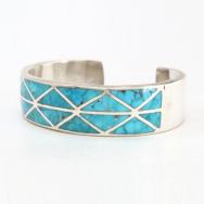 Vtg Zuni Morenci Turquoise Inlay Silver Cuff Bracelet c.1960