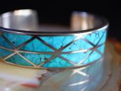 Vtg Zuni Morenci Turquoise Inlay Silver Cuff Bracelet c.1960