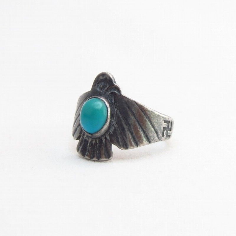 Antique 卍 Stamped Thunderbird Shape Silver Ring w/TQ c.1930