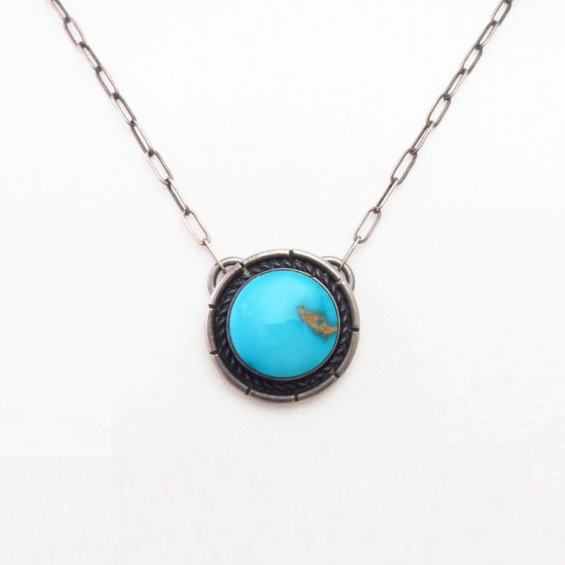 Vtg Navajo Round Cut TQ & Silver Fob Remade Necklace  c.1960