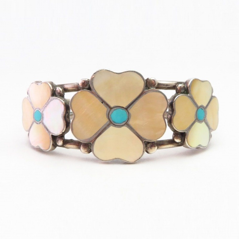 Vtg Zuni Shell & Turquoise Inlay "Desert Rose" Cuff  c.1970～