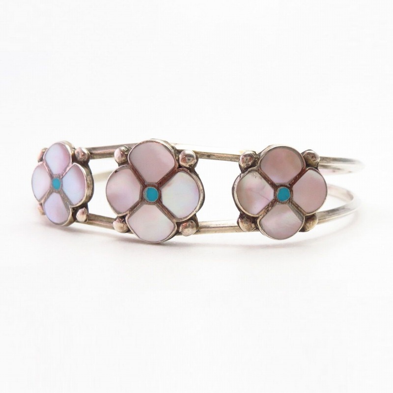 Vtg Zuni Pink Shell/Turquoise Inlay Desert Rose Cuff c.1970～