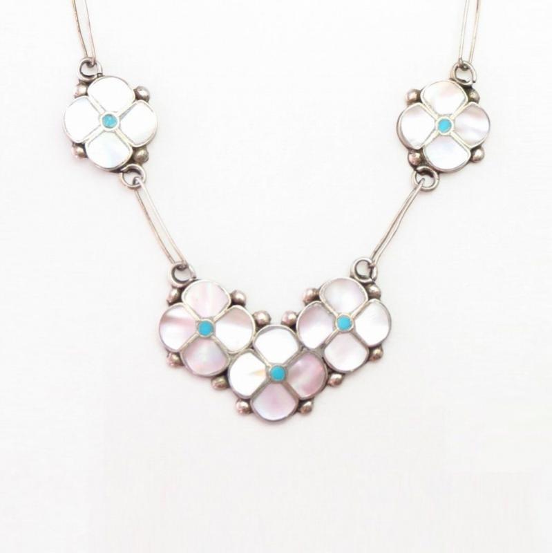 Vintage Zuni PinkShell/TQ Inlay Desert Rose Necklace c.1970～