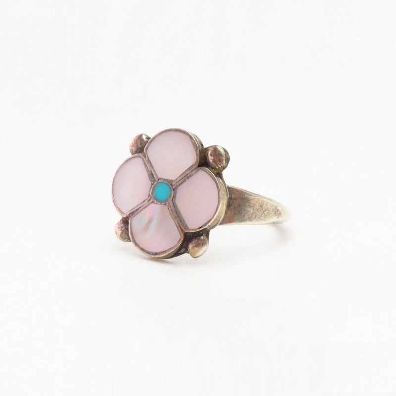 Vtg Zuni Pink Shell/Turquoise Inlay Desert Rose Ring c.1970～