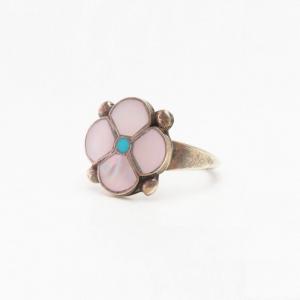 Vtg Zuni Pink Shell/Turquoise Inlay Desert Rose Ring c.1970～
