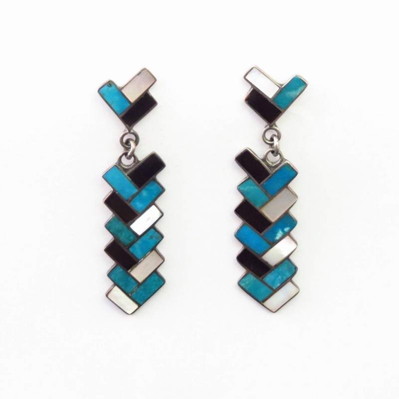 Vtg Zuni Multi-Stone Inlay Weaving Pattern Earring  c.1960～
