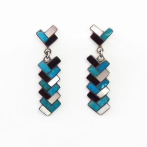 Vtg Zuni Multi-Stone Inlay Weaving Pattern Earring  c.1960～