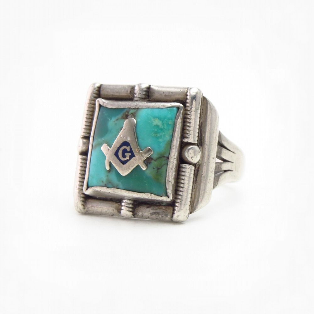Vintage Navajo Masonic Men's Silver Ring w/Turquoise c.1950