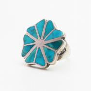 Vintage Zuni/Navajo Gem Turquoise Inlay Floral Ring  c.1950～