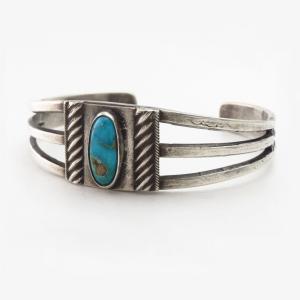 Atq Navajo Ingot Silver Split Band Cuff w/Turquoise c.1920～