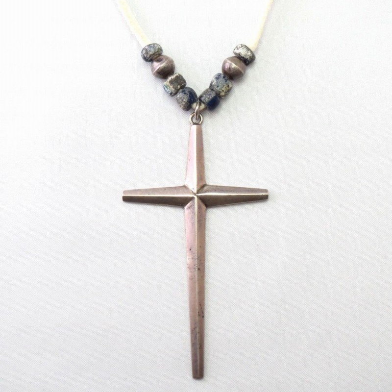 Vtg Navajo Casted Silver Cross Fob Necklace w/Beads  c.1950