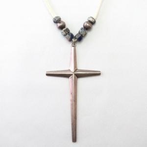Vtg Navajo Casted Silver Cross Fob Necklace w/Beads  c.1950