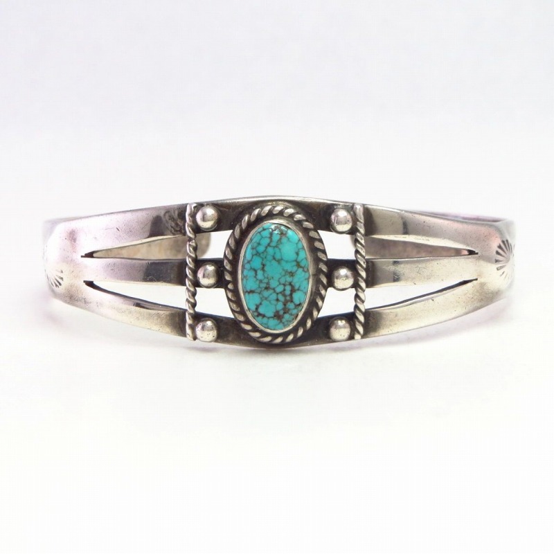 Atq Stamped Split Band Cuff w/Spider Web Turquoise  c1935～