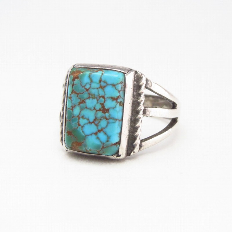 Vtg Navajo Sq.BrownWeb #8 Turquoise Split Shank Ring c.1945～
