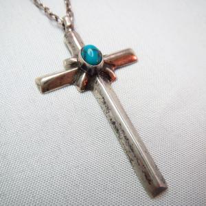 Vintage Cross Fob with Turquoise Necklace  c.1960～
