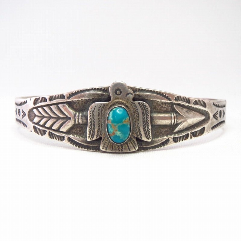 Atq Thunderbird & Arrow Design Cuff Bracelet w/Gem TQ c.1940