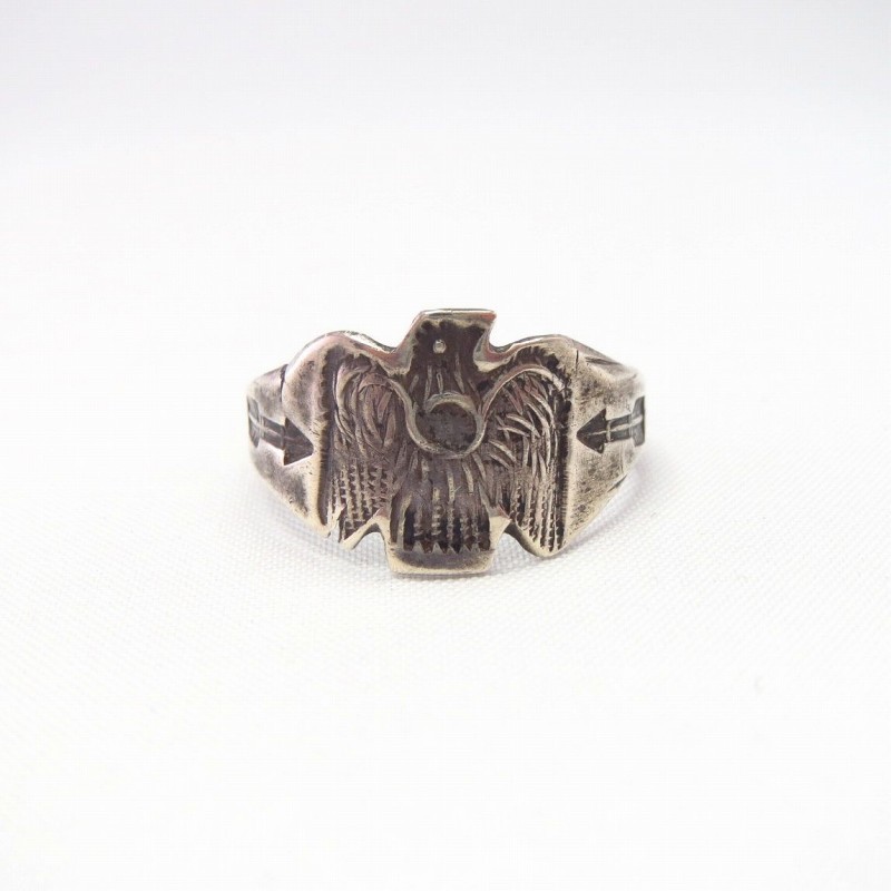 Atq Thunderbird & Arrows Stamped Silver Tourist Ring  c.1920