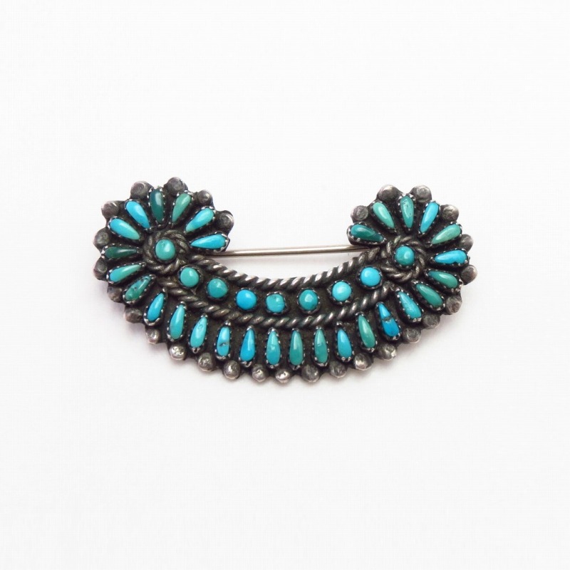 Vintage Zuni Turquoise Cluster Pin Brooch in Silver  c.1960～
